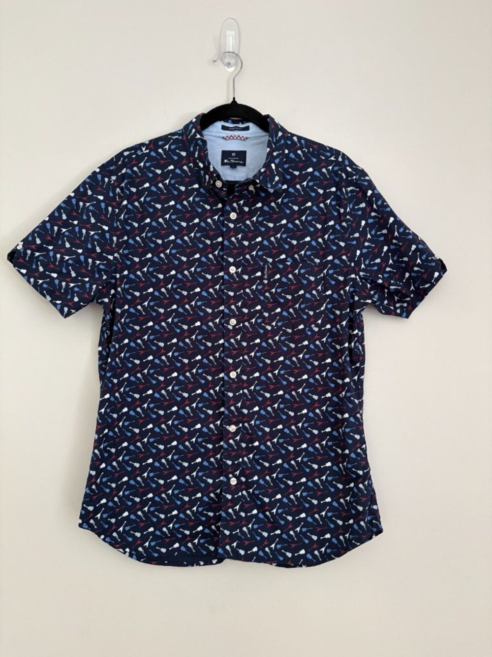 Ben Sherman Navy Blue Guitar Pattern Button-Up Shirt Rockabilly Quirky Prep L